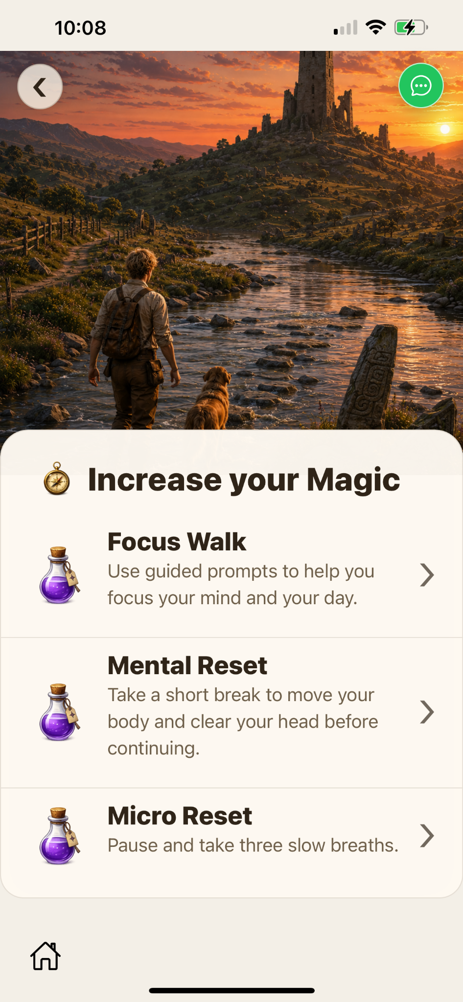 realXP Magic screen showing Focus Walk, Mental Reset and Micro Reset