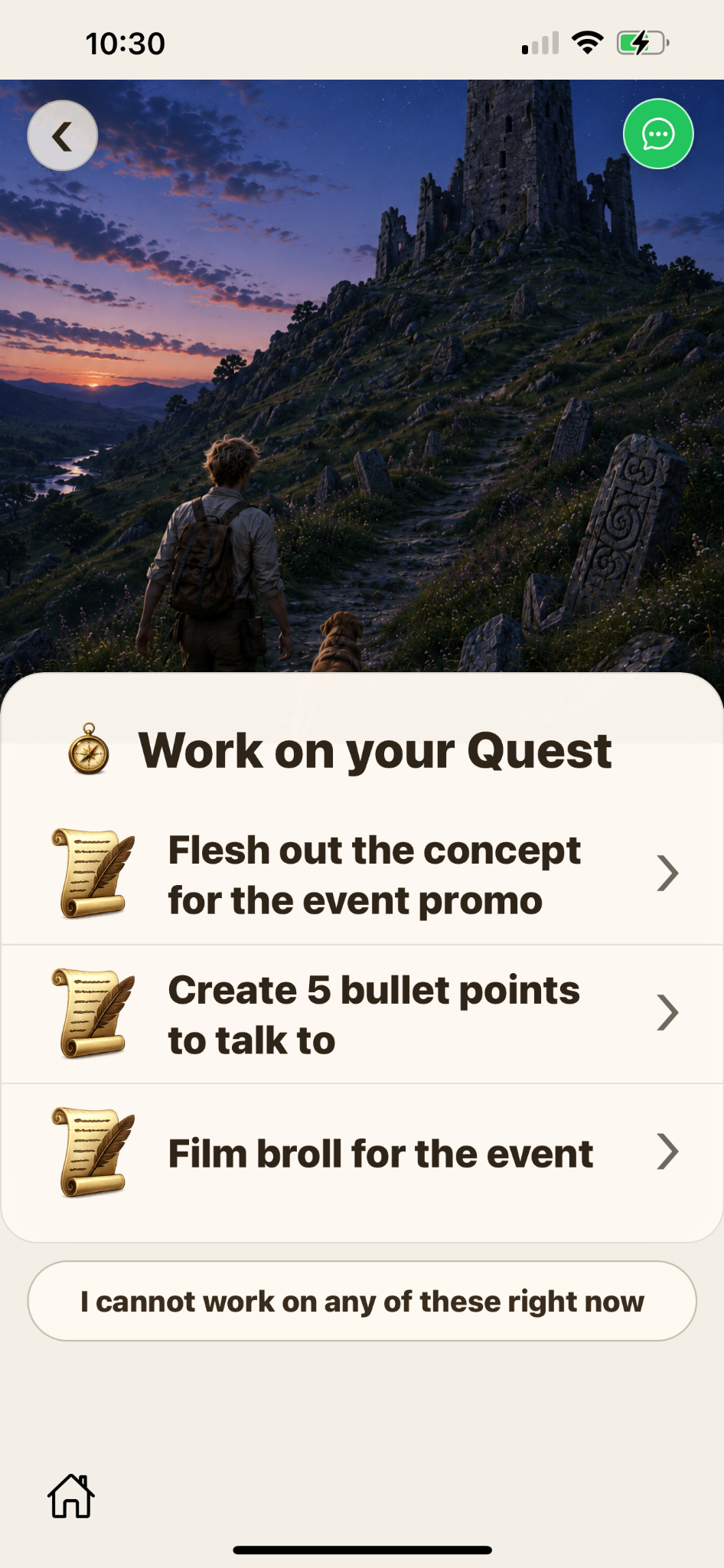 Next action screen showing a limited number of choices