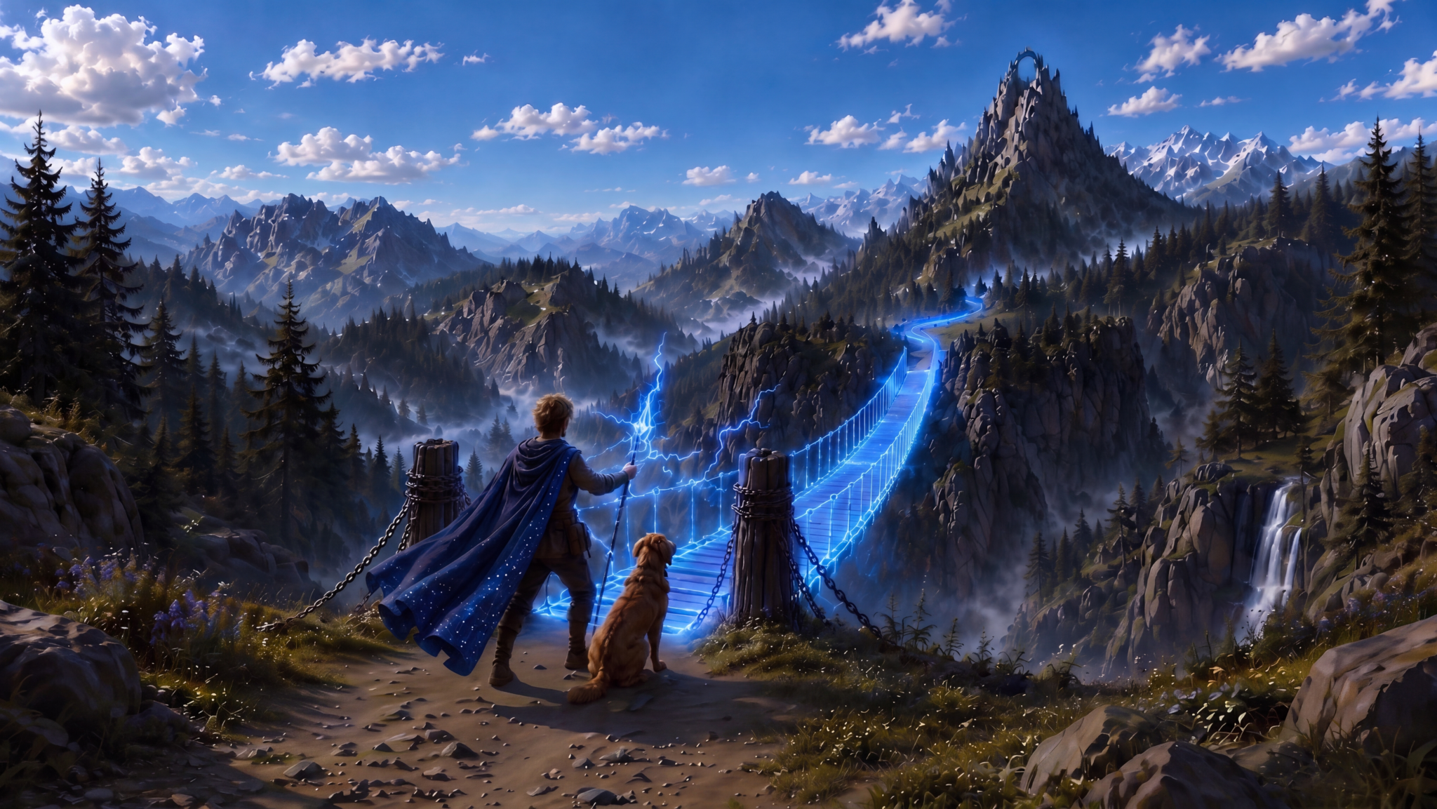 The realXP hero and companion facing a magical bridge through a mountain landscape